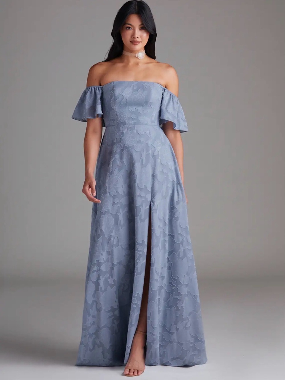 Azazie Sue Dusty Blue A-Line Off the Shoulder Floral Burnout Dress (Hemmed)